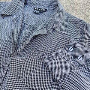 Tracy M 100% Silk L Button Up Blouse 3/4 Sleeve Black White Geometric Minimalist